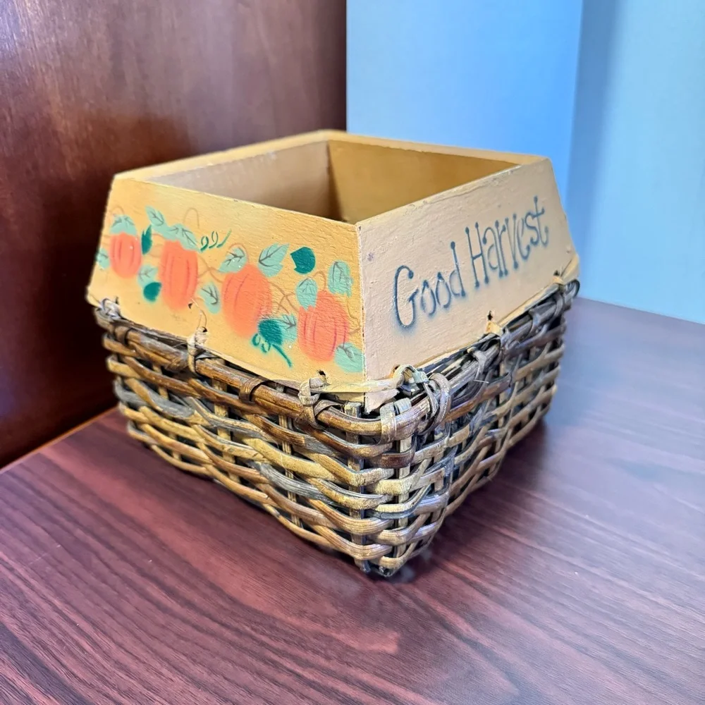 Vintage Square Pumpkin Hand-Painted Wooden Harvest Wicker Basket Barn/Farm Core